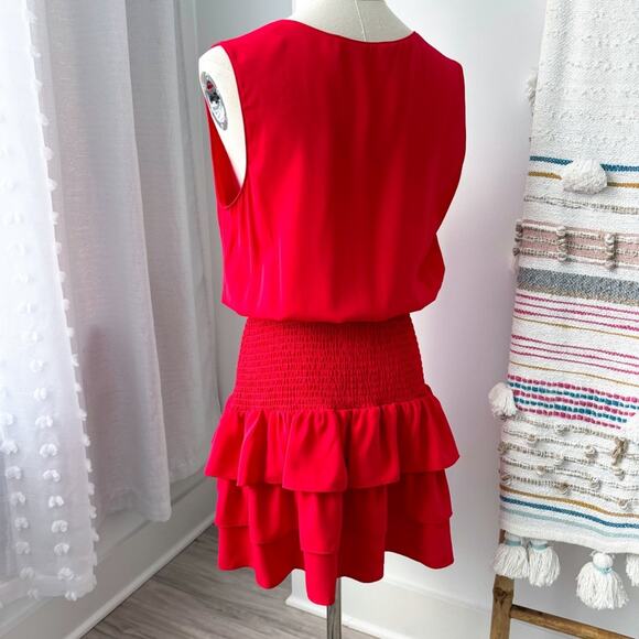 Amanda Uprichard Chantal Red Sleeveless Tiered Smocked Mini Dress Size Medium - Picture 4 of 10